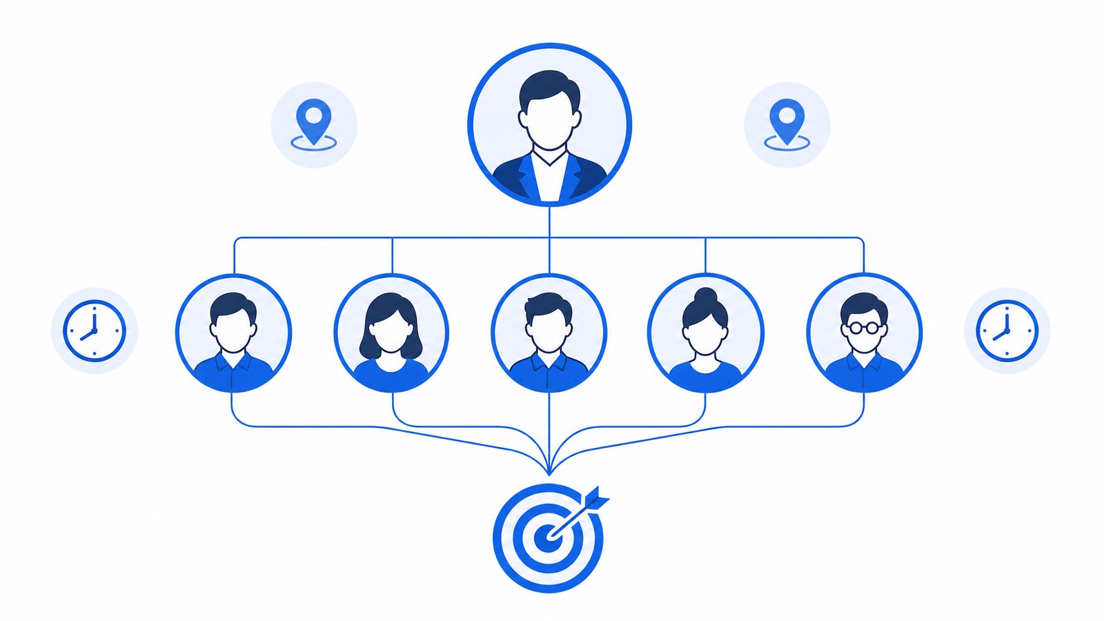 An org chart with one leader at the top connected to a row of 5 account executives, with all lines converging into a single bullseye target, flanked by 2 location pins and 2 clocks showing matching hours