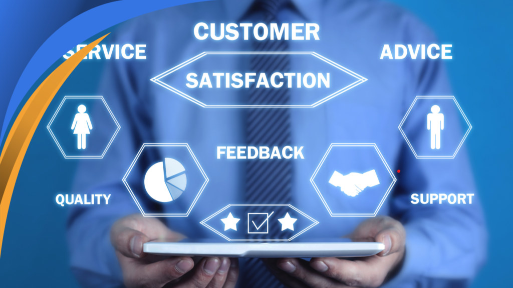 Customer satisfaction, feedback and support icons over a tablet held by a customer success associate