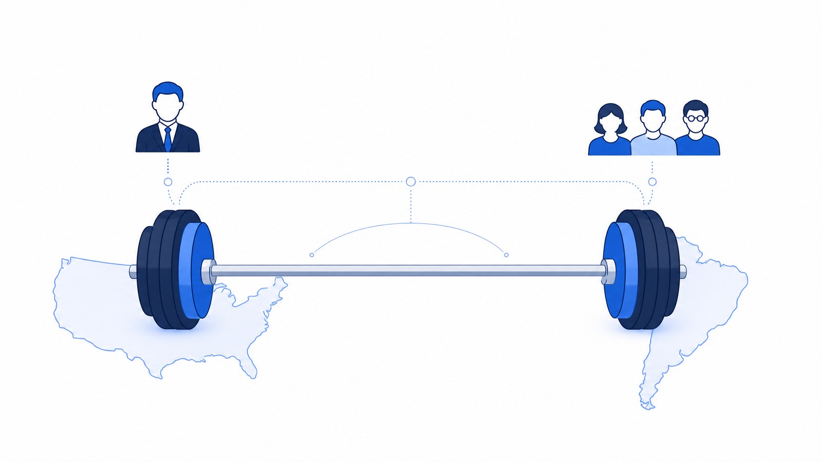 Barbell spanning outlines of the United States and South America, with a single strategic seller on the US side and a team of customer success, revenue development, and engineering professionals on the LATAM side